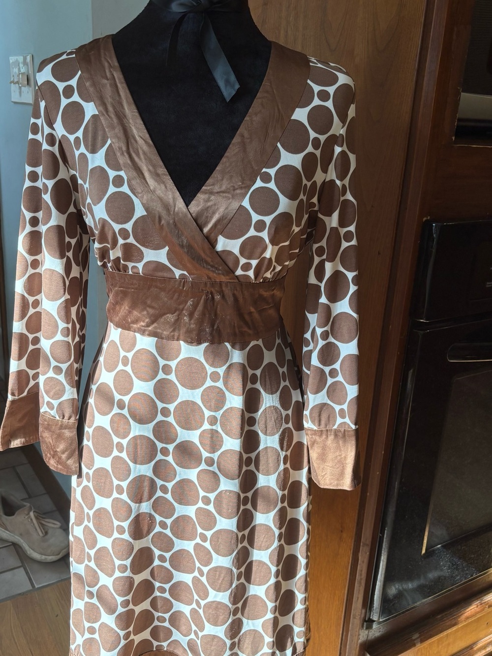 INC International Concepts Brown and Cream Polka Dot Long Sleeve Wrap Dress